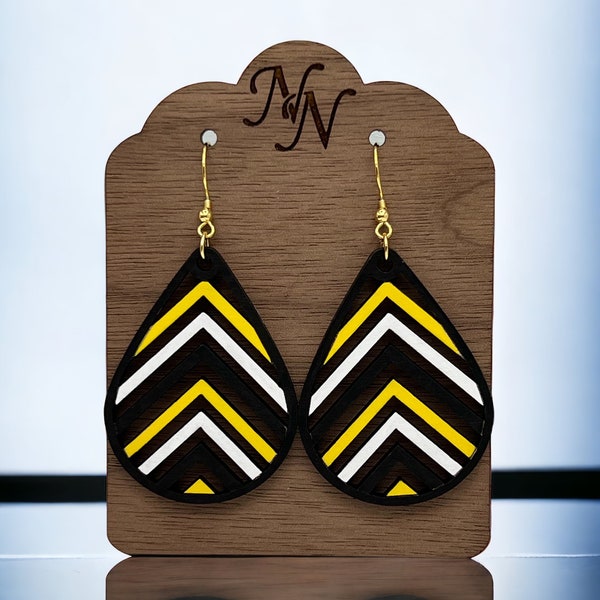 Double sided. Black, yellow, white Game day wooden cutout chevron arrow earrings. Team spirit. Hand cut/painted. Glitter, shimmer or solid.