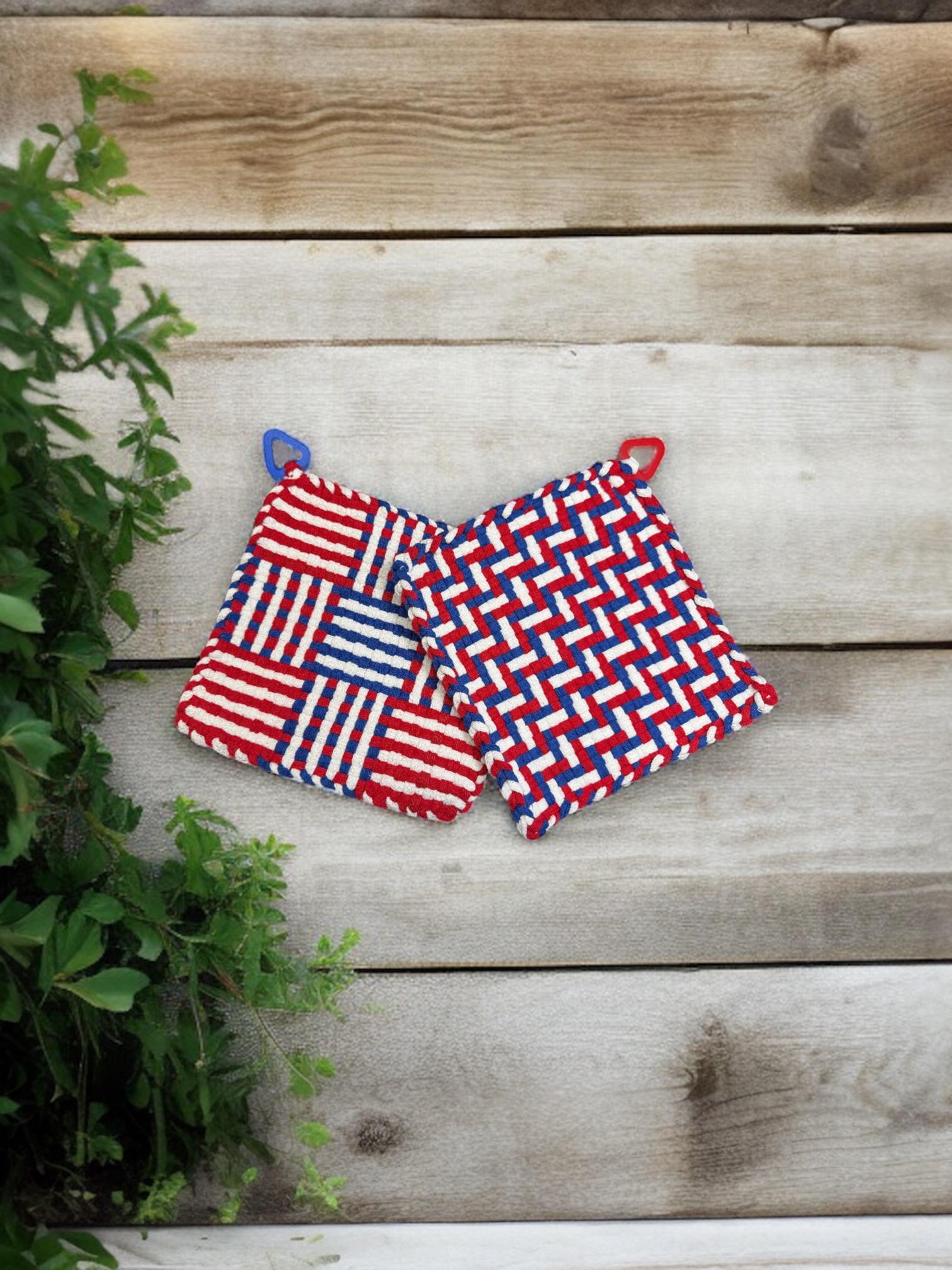 Red White and Blue Crocheted Potholder Set: Extra Large Cotton, Handmade