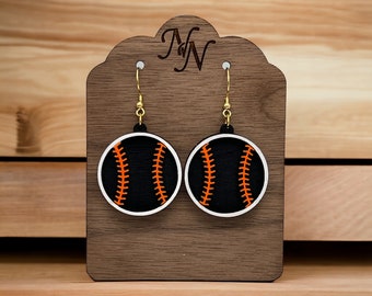 Game day Black, Orange and white wooden baseball layered 3D framed earrings. Team spirit Baseball earrings. Hand painted. Customizable.