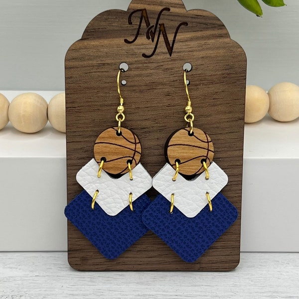 Genuine Leather Basketball Earrings: Royal Blue and white Chevron. Solid or glitter.  Game Day