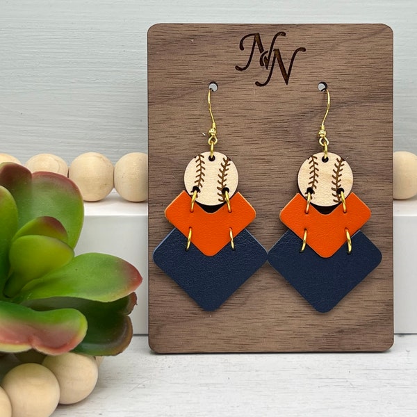 Game day Navy blue or Royal blue and Orange genuine leather baseball chevron earrings.