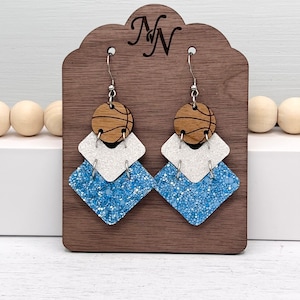 Game day Genuine leather basketball chevron earrings. White and Carolina blue basketball earrings