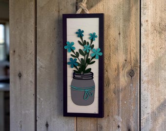 Mason jar flower wall decor. Wood hand painted wall decor. Floral layered home decor. Customizable. Navy turquoise white grey