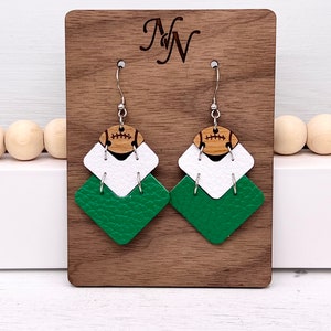Green & White Leather Football Earrings: Game Day Team Spirit