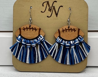 Game day Football fringe earrings. Light blue, navy and white team spirit football tassel earrings. Customizable.