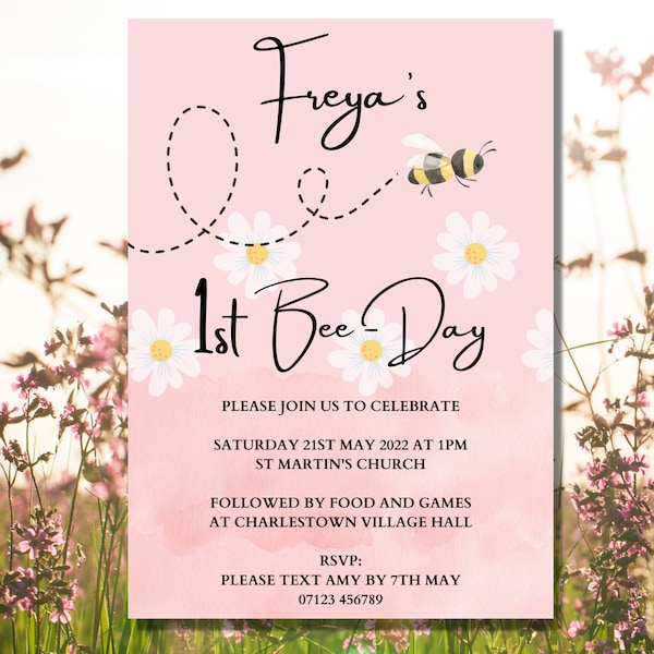 Bee & Daisy Kids Party Invitation Template | First Birthday | Watercolour | Printable Birthday Invite | Customise Personalised