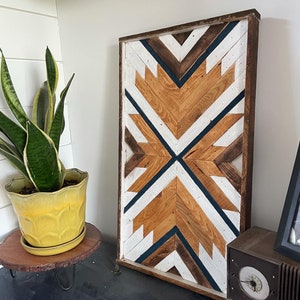 Blue and White Geometric Wood Wall Hanging