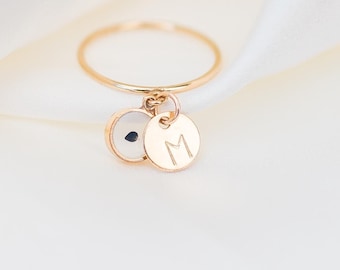 Miscarriage ring Personalized. Forget me not seed ring with initial letter charm.