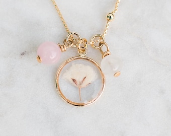 Collar de piedra lunar, cuarzo rosa y aliento de bebé. Collar de fertilidad. Joyería de fertilidad IFV. Collar para el embarazo. Regalo de fertilidad para mamá.