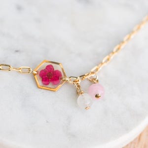 Moonstone and Rose Quartz fertility bracelet with pressed Plum flower. Gold Filled. Fertility Jewelry. Pregnancy bracelet