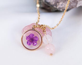 Moonstone Rose Quartz Fertility Necklace: Pressed Plum Flower, Sterling Silver or Gold Filled