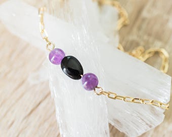 Black Tourmaline & Amethyst Bracelet. Sterling Silver or Gold Filled gemstone protection jewelry