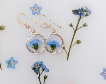 Puede incluir: Un par de pendientes de plata con delicados diseños florales encapsulados en resina transparente. Las flores son de color azul claro y están dispuestas sobre un fondo blanco.