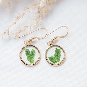Gold Filled Pressed flower earrings. Botanical woodland fern dainty gold earrings. Resin plant lady plant mom gift