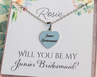 Junior Bridesmaid gift. Personalized Heart Jr Bridesmaids necklace. Custom junior bridesmaid proposal gift necklace. Ask bridesmaids jewelry