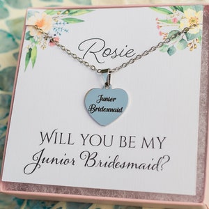 Junior Bridesmaid gift. Personalized Heart Jr Bridesmaids necklace. Custom junior bridesmaid proposal gift necklace. Ask bridesmaids jewelry