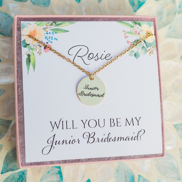 Junior Bridesmaid gift. Personalized Jr Bridesmaids gift necklace. Custom junior bridesmaid proposal gift necklace. Ask bridesmaids jewelry