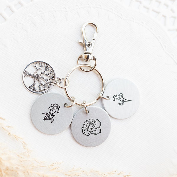 Birth month flower keychain, Multiple birth month flower disks. Mothers day gift. Birthday and Christmas gift