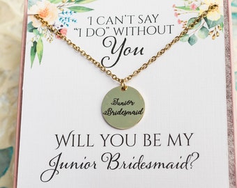 Junior Bridesmaid gift. Personalized Jr Bridesmaids gift necklace. Custom junior bridesmaid proposal gift necklace. Ask bridesmaids jewelry