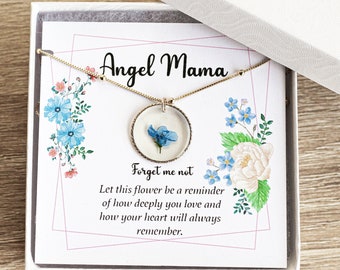 Angel Mama Collana regalo per aborto spontaneo con fiori e non ti scordar di me. Regalo commemorativo della perdita di gravidanza e bambino. Regalo in ricordo della perdita del bambino per la mamma.