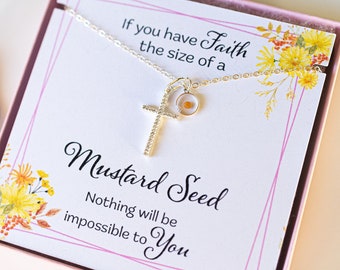 Mustard Seed Cross necklace. Sterling silver Mustard seed jewelry. Christian necklace jewelry for women. Faith gift.