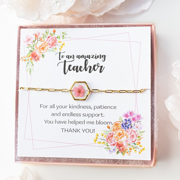 Teacher appreciation gift floral Gold Fill Bracelet. Gift box included. End of year teacher gift under 30. Pressed plum flower bracelet.