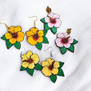hibiscus flower hand painted wood earrings