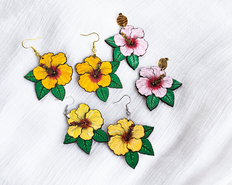 hibiscus flower hand painted wood earrings