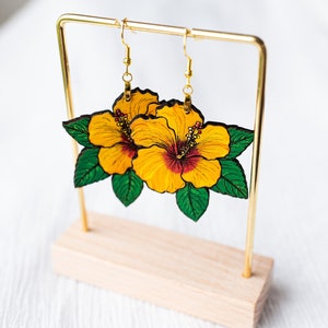 hibiscus flower hand painted wood earrings