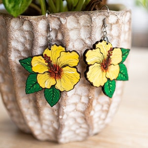 hibiscus flower hand painted wood earrings