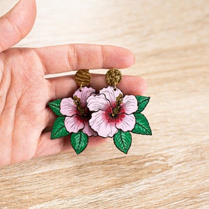 hibiscus flower hand painted wood earrings