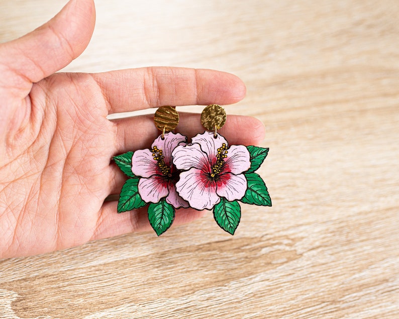 hibiscus flower hand painted wood earrings