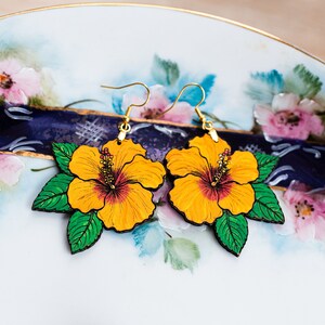hibiscus flower hand painted wood earrings
