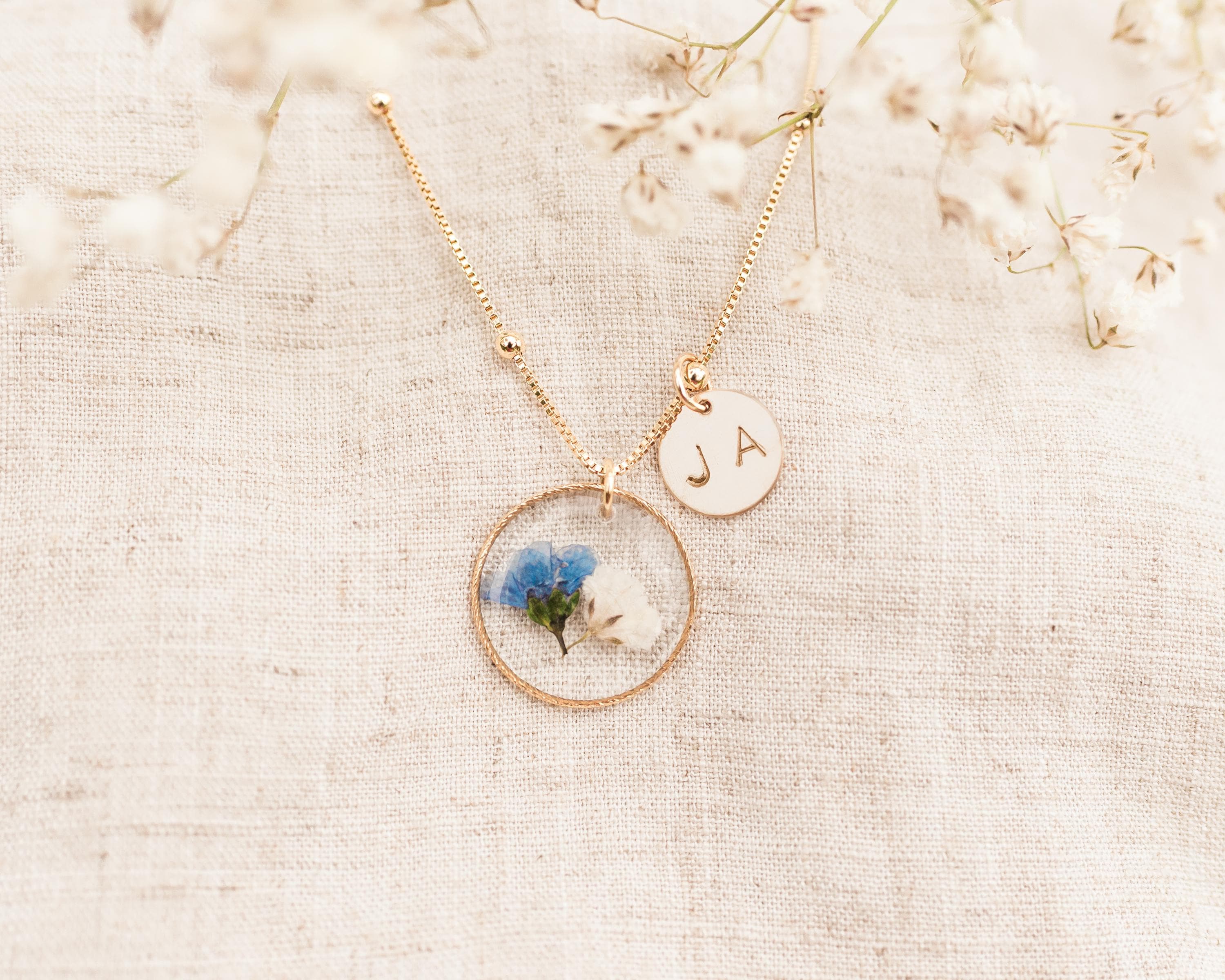 Forget me not & Baby's breath flower necklace. Miscarriage memorial…