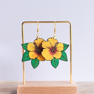 Hibiscus flower hand painted earrings. Spring and summer tropical earrings. Plant lover earrings. Hand painted wood dangle earrings. image 4
