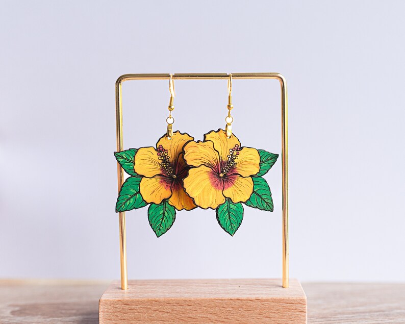 Hibiscus flower hand painted earrings. Spring and summer tropical earrings. Plant lover earrings. Hand painted wood dangle earrings. image 4