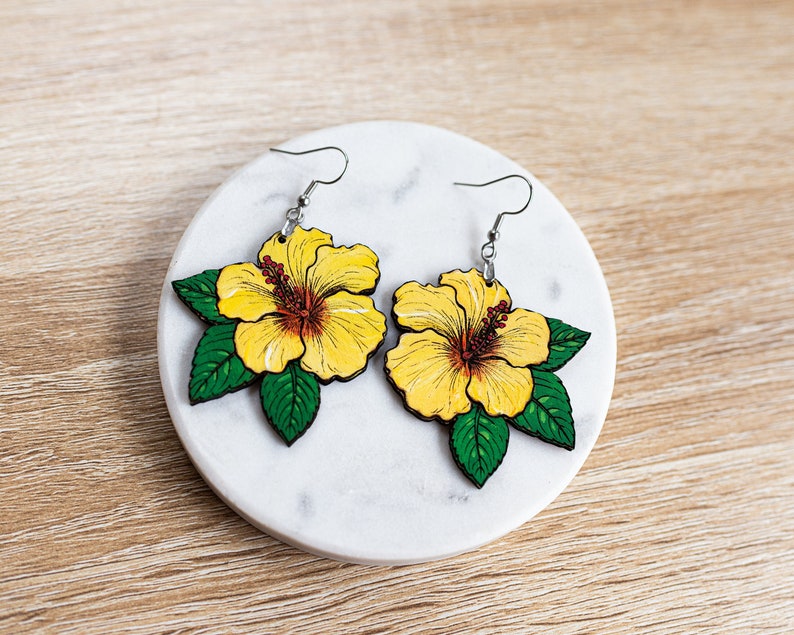 hibiscus flower hand painted wood earrings