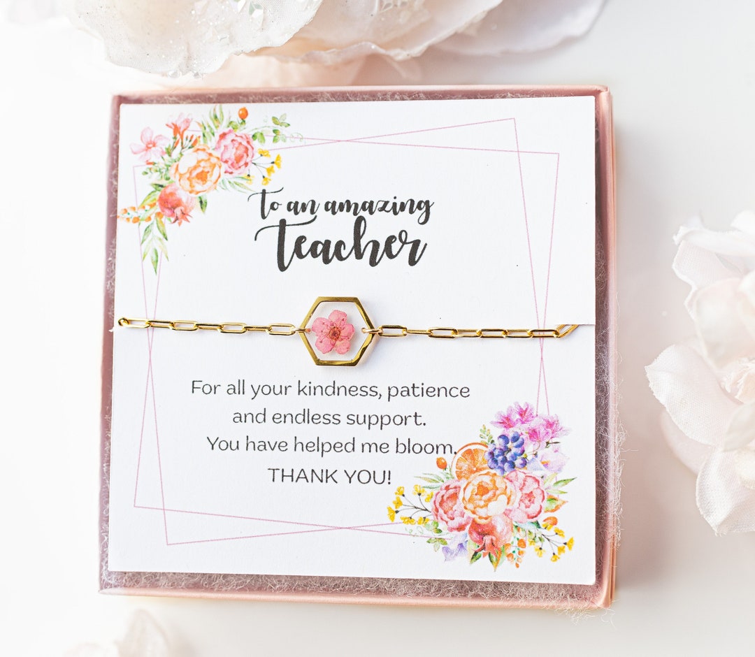 Teacher Appreciation Gift Floral Gold Fill Bracelet. Gift Box Included. End  of Year Teacher Gift Under 30. Pressed Plum Flower Bracelet. - Etsy, image size:1080x940