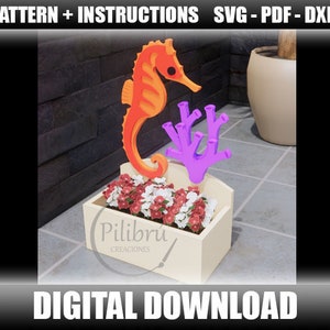 Seepferdchen-Pflanzgefäß, Dekupiersägenmuster, Gartenornament, Holzhaustier, Pflanzkasten, Laserschnitt, digitale Datei, SVG, DXF, PDF