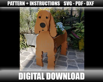 Wzór do cięcia drewnianej doniczki dla psa Cocker Spaniel, do piły taśmowej lub cięcia laserowego. Plik cyfrowy, SVG, PDF, DXF