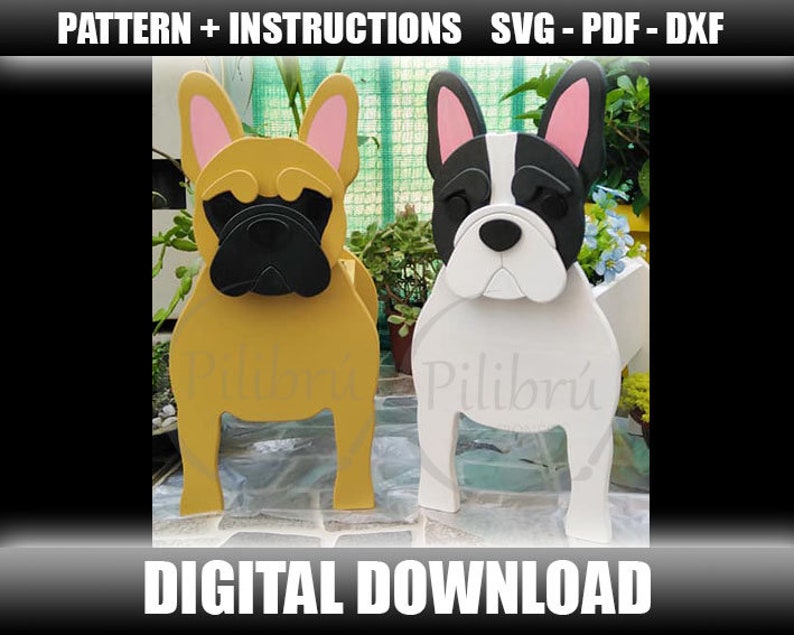 Scroll saw pattern, French Bulldog planter, Wooden Planter, animal planter, laser cut, digital file, SVG, PDF, DXF image 1