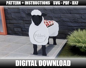 Plantador de ovelhas, padrão de serra de gabarito, faça você mesmo, enfeite de jardim, animal de fazenda, caixa de plantador, corte a laser, arquivo digital, SVG, DXF, PDF