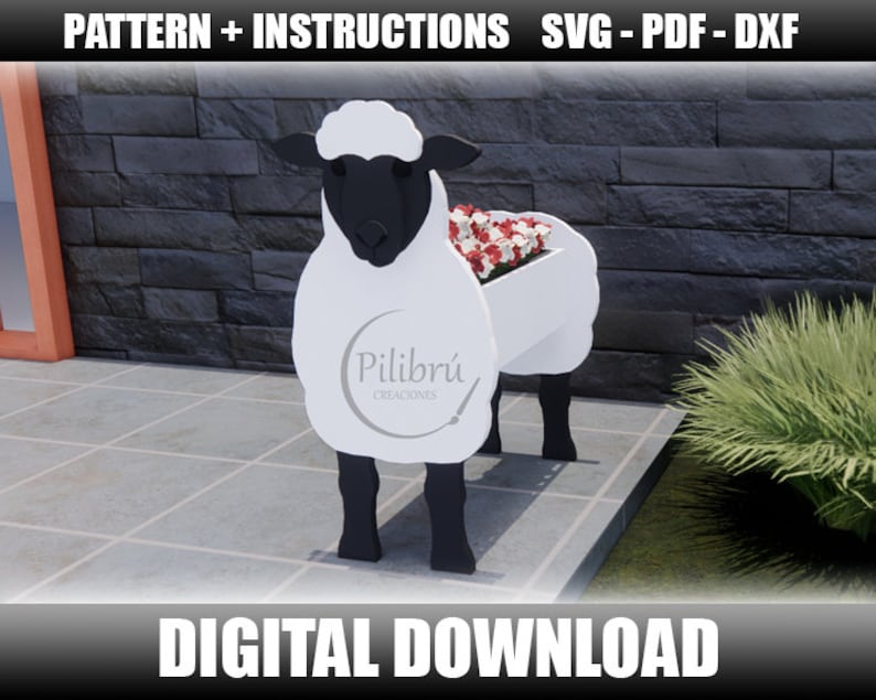 Sheep planter, Jig saw pattern, DiY, garden ornament, farm animal, planter box, laser cut, digital file, SVG, DXF, PDF image 1