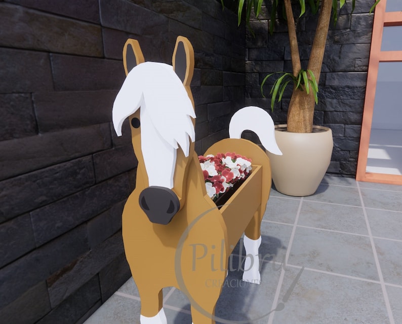 May include: A wooden horse planter with a white mane and tail. The planter is filled with pink flowers and is standing on a tiled floor.