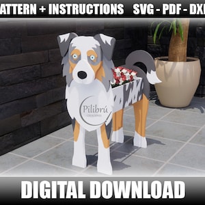 Australian Shepherd planter, Scroll saw pattern, garden ornament, wooden pet, planter box, digital file, SVG, DXF, PDF