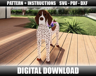 May include: Digital download pattern for a wooden cutout of a German Shorthaired Pointer dog. The dog is standing on a wooden deck with a flower pot behind it. The pattern includes instructions for assembling the cutout.