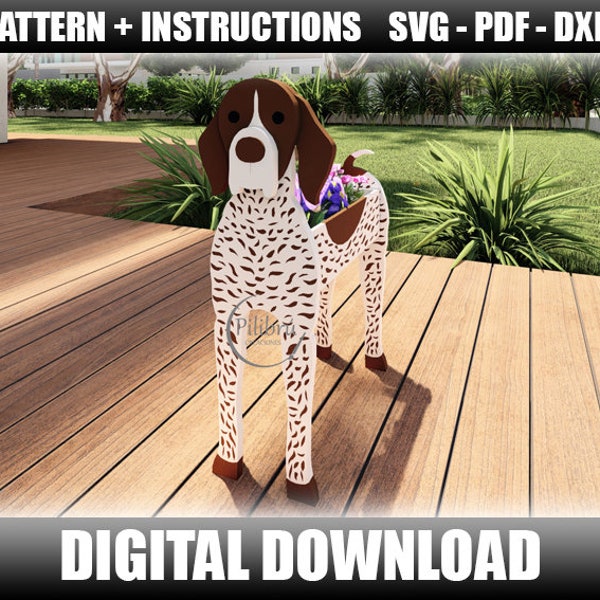 Fioriera per cani Pointer tedesco a pelo corto, modello di sega a scorrimento, ornamento da giardino, animale domestico in legno, file digitale, SVG, DXF, PDF