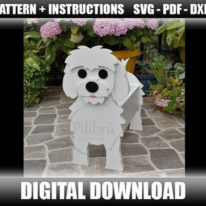 Mascota de Madera perro Maltes, Jardinera Decorativa, Plantador de Madera. Patrón para corte, Archivo digital, SVG, PDF, DXF
