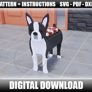 Dekupiersäge Muster, Boston Terrier Pflanzgefäß, Gartenornament, Holzhaustier, Pflanzkasten, Laserschnitt, digitale Datei, SVG, DXF, PDF