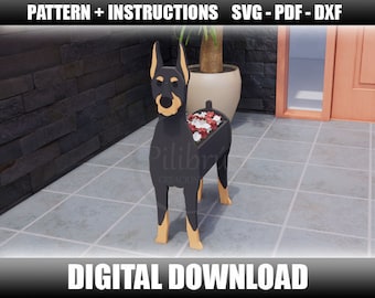 May include: Black and tan wooden dog planter with a flower pot in the back. The planter is shaped like a Doberman Pinscher dog. The planter is standing on a tiled floor.